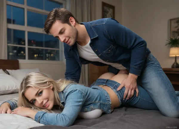 smile white tall athetic adult women blonde with very long silky hair, full makeup, seductive, 20 years, she wearing blue denim jacket with long sleeve and long tight jeans, fully denim clothed, is fucked by white man beautiful face, blue eyes, wear blue denim jacket long sleeve and long jeans with belt, empty athletic chest, wearing jeans with huge cock, penetrate, anal fuck, fucking in hotel room on bed, aggressive fuck, head down, hide face, laying on stomach, legs, man leaning from top, night, window light, flashlight, both wear same clothes, perfect sexy angle camera