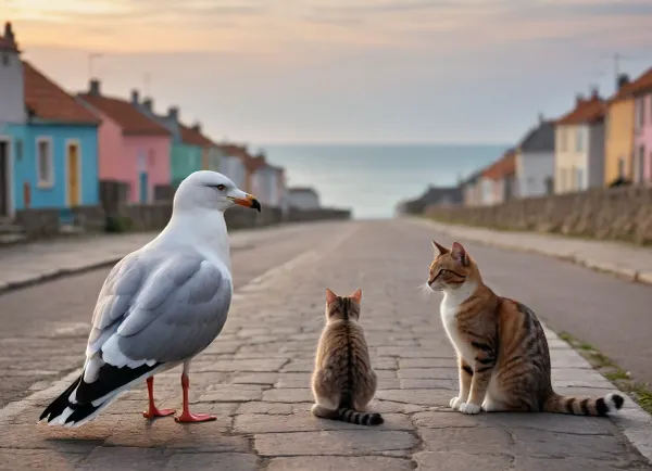 a seagull and a cat are talking in the street of a small seaside village, on the horizon you can see the sea