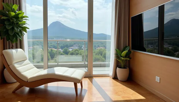 The scene is a high-rise apartment, skyscraper, large floor to ceiling windows, aged mahogany floors, a cream colored leather chaise lounge, a large Epipremnum aureum, money plant, a 75 inch TV is on the wall, a balcony, far in the distance is a mountain that is deeply forested.