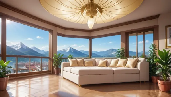 The scene is a high-rise apartment, skyscraper, large floor to ceiling windows, aged mahogany floors, a cream colored leather chaise lounge, a large Epipremnum aureum, money plant, a 75 inch TV is hanging from the ceiling 12ft ceiling, a balcony, far in the distance is a mountain that is deeply forested.