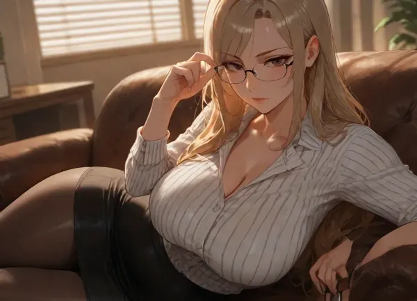 masterpiece, best quality, absurdres, newest, highres, very aesthetic, 1girl, solo, mature female, adult, nsfw, dark blonde hair, shoulder-length hair, brown eyes, beautiful detailed eyes, large breasts, narrow waist, mature body, striped blouse, pencil skirt, office lady, pantyhose, sitting on sofa, sitting, looking at viewer, serious expression, glasses in hand, after hours, office, leather sofa, wooden desk, blinds closed, evening, cinematic lighting, depth of field, detailed face, detailed eyes, intricate details