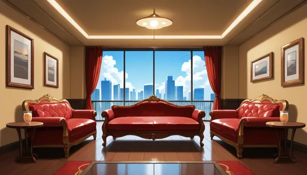 The scene is a high-rise apartment, skyscraper, large floor to ceiling windows, aged mahogany floors, a cream colored leather chaise lounge, a large Golden pathos, 75 inch TV on the wall, a balcony.