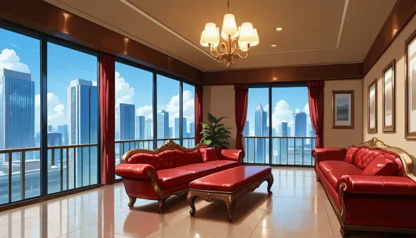 The scene is a high-rise apartment, skyscraper, large floor to ceiling windows, aged mahogany floors, a cream colored leather chaise lounge, a large Golden pathos, 75 inch TV on the wall, a balcony.