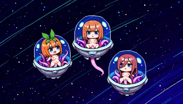 Cute, pixel art, under tentacles dome, tranparent dome, 16 bit art, nude, tentacles, pink tentacles, 3 girls, Nino Nakano, Miku Nakano, Yotsuba Nakano, chibi style, zero gravity, above view, vaginal tentacles, diffrrent emotions, space background