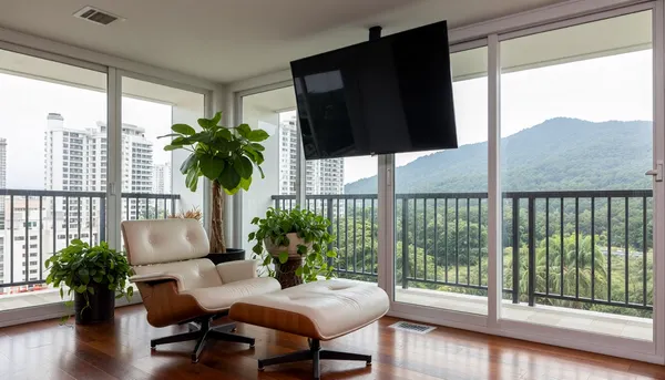 The scene is a high-rise apartment, skyscraper, large floor to ceiling windows, 100 year old mahogany floors, there is a thick cushioned ergonomic cream colored leather chaise lounge, a large Epipremnum aureum, money plant, a Ceylon creepera, ivy arum, 75 inch TV is hanging from the ceiling the 12ft ceiling, a balcony, far in the distance is a mountain that is deeply forested. At
