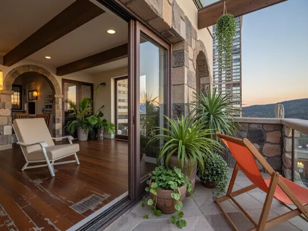 The scene, looking out at the sunset on the corner balcony of a 12 ft ceiling apartment, large floor to ceiling windows, skyscraper, focus on the outside, while balcony has stone floors, the interior which is an open floorplan with aged mahogany wood floors, a cream colored lounge chair is on the inside, a burnt-ornange deck chair can be found on the outside, large ceiling beam goes across the ceiling, stone arch, SEVERAL MATURED PLANTS are on the inside and outside of the apartment, [types of plants include a matured mix of the following], (Epipremnum aureum), (Dracaena trifasciata), (Philodendron scandens), (Hedera helix), far in the distance is a mountain that is deeply forested, one of the plants hangs from the ceiling. The balcony is half ceiling half skylight.