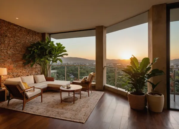 The scene, looking out at the sunset on the corner balcony of a 12 ft ceiling apartment, large floor to ceiling windows, skyscraper, focus on the outside, while balcony has stone floors, the interior which is an open floorplan with aged mahogany wood floors, a cream colored lounge chair is on the inside, a burnt-ornange deck chair can be found on the outside, large ceiling beam goes across the ceiling, stone arch, brick walls, SEVERAL MATURED PLANTS are on the inside and outside of the apartment, [types of plants include a matured mix of the following], (Epipremnum aureum), (Dracaena trifasciata), (Philodendron scandens), (Hedera helix), far in the distance is a mountain that is deeply forested, one of the plants hangs from the ceiling. The balcony is half ceiling half skylight.
