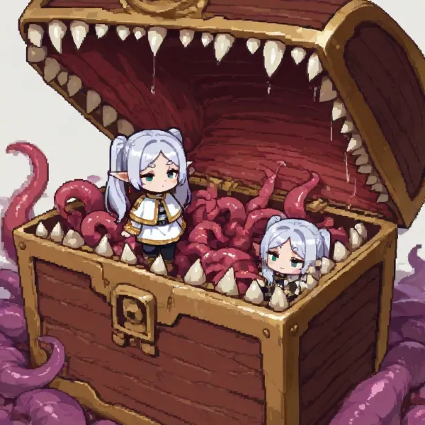 (Cute, pixel art, 16 bit art, chibi style), Frieren, tentacles, mimic, white background, Spot illustration