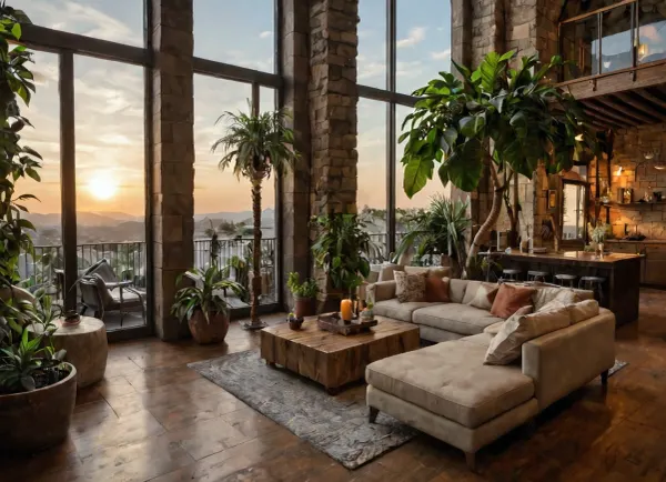 The scene, looking out at the sunset on the corner balcony of a 12 ft ceiling apartment, large floor to ceiling windows, skyscraper, focus on the outside, while balcony has stone floors, the interior which is an open floorplan with aged mahogany wood floors, a cream colored lounge chair is on the inside, a burnt-ornange deck chair can be found on the outside, large ceiling beam goes across the ceiling, stone arch, brick walls, brick walls SEVERAL MATURED PLANTS are on the inside and outside of the apartment, [types of plants include a matured mix of the following], (Epipremnum aureum), (Dracaena trifasciata), (Philodendron scandens), (Hedera helix), far in the distance is a mountain that is deeply forested, one of the plants hangs from the ceiling. The balcony is half ceiling half skylight.