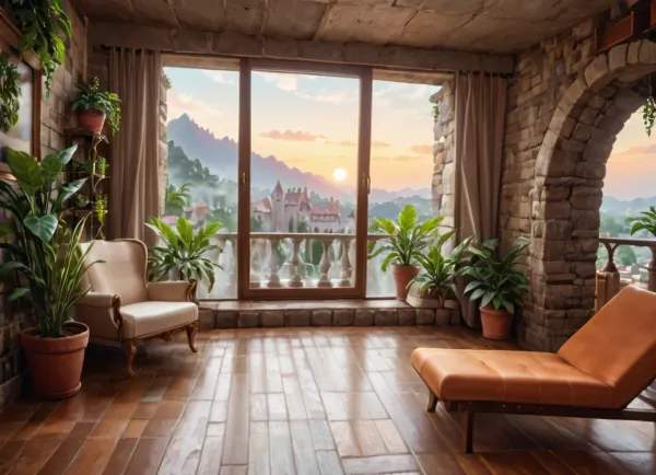 The scene, looking out at the sunset on the corner balcony of a 12 ft ceiling apartment, large floor to ceiling windows, skyscraper, focus on the outside, while balcony has stone floors, the interior which is an open floorplan with aged mahogany wood floors, a cream colored lounge chair is on the inside, a burnt-ornange deck chair can be found on the outside, large ceiling beam goes across the ceiling, stone arch, brick walls, brick walls SEVERAL MATURED PLANTS are on the inside and outside of the apartment, [types of plants include a matured mix of the following], (Epipremnum aureum), (Dracaena trifasciata), (Philodendron scandens), (Hedera helix), far in the distance is a mountain that is deeply forested, one of the plants hangs from the ceiling. The balcony is half ceiling half skylight.