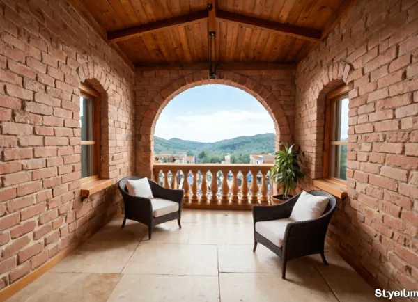 The scene, looking out at the sunset on the corner balcony of a 12 ft ceiling apartment, large floor to ceiling windows, skyscraper, focus on the outside, while balcony has stone floors, the interior which is an open floorplan with aged mahogany wood floors, a cream colored lounge chair is on the inside, a burnt-ornange deck chair can be found on the outside, large ceiling beam goes across the ceiling, stone arch, brick walls, brick walls SEVERAL MATURED PLANTS are on the inside and outside of the apartment, [types of plants include a matured mix of the following], (Epipremnum aureum), (Dracaena trifasciata), (Philodendron scandens), (Hedera helix), far in the distance is a mountain that is deeply forested, one of the plants hangs from the ceiling. The balcony is half ceiling half skylight.