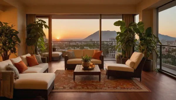 The scene, looking out at the sunset on the corner balcony of a 12 ft ceiling apartment, large floor to ceiling windows, skyscraper, stone floors on the outside, mahogany wood floors on the inside, inside is an open floor style floorplan, a cream colored lounge chair on the inside, a burnt-ornange deck chair on the outside. SEVERAL PLANTS are on the inside and outside of apartment, [types of plants include a matured mix of the following], (Epipremnum aureum), (Dracaena trifasciata), (Philodendron scandens), (Hedera helix), far in the distance is a mountain that is deeply forested, one of the plants hangs from the ceiling. The balcony is half ceiling half open sky.