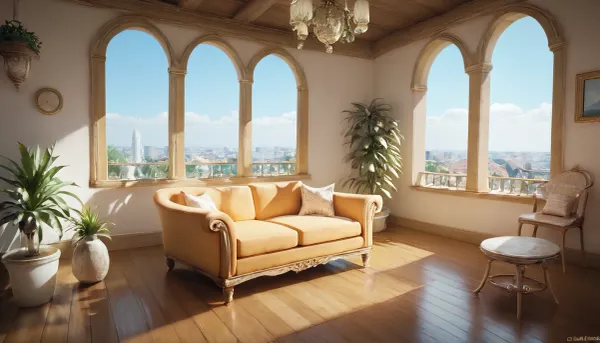 The scene, looking out at the sunset on the corner balcony of a 12 ft ceiling apartment, large floor to ceiling windows, skyscraper, stone floors on the outside, mahogany wood floors on the inside, inside is an open floor style floorplan, a cream colored lounge chair on the inside, a burnt-ornange deck chair on the outside. SEVERAL PLANTS are on the inside and outside of apartment, [types of plants include a matured mix of the following], (Epipremnum aureum), (Dracaena trifasciata), (Philodendron scandens), (Hedera helix), far in the distance is a mountain that is deeply forested........there is a helipad