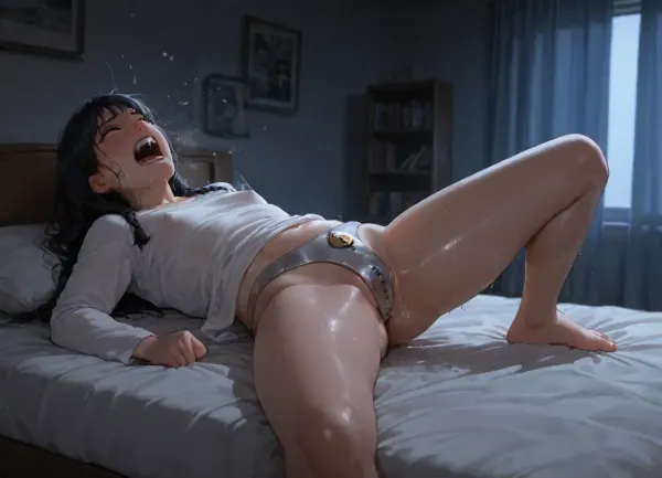 high quality, photorealistic, darkness, night, in living room, furniture, curtains, bookshelf, woman, solo, plain round face, (black braids), (plump:1.1), flat chest, erect nipples, (white nightshirt with long sleeves), bottomless, (pink titanium chastity belt with lock), (lying on bed), (drooling), (curling toes), (screaming), tantrum, (excessive pubic hair), crying, blushing, legs apart, (dripping juices:1.6)