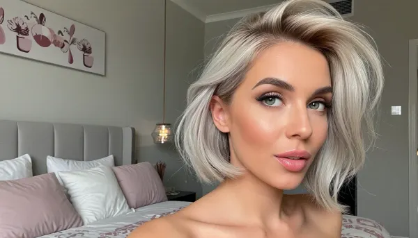 playful portrait of a confident woman posing sensually in her cozy bedroom with minimalist feminine decor, huge expressive eyes looking away in a coyly suggestive side-eye glance, her voluminous silvery-blonde hair in a cut in a short bob with one side swept back in a tousled finger combed look, her soft glossy lips are quirked in a smug smirk, delicate triangular face with high chiselled cheekbones, the subject is anchored to the side image with her bed featured prominently in the background using a rule-of-thirds composition