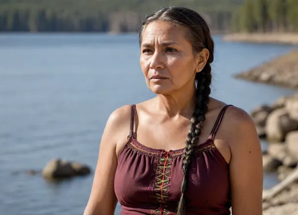 RAW photo, shot on NIKON'S D850, F/1.8, shallow depth of field, sharp focus on the subject, ultra-detailed micro features, highly detailed textures, realistic skin tones, vibrant colors, cinematic composition, maximum detail, hyper-realistic rendering, professional photo quality, A 54-year-old beautiful Native American woman, (side view:1.1), from the Kickapoo tribe, (beautiful elderly native Comanche American woman with folds of fat and cellulite:1.2), with small, flat, sagging breasts, a small, saggy belly, (fat folds on thighs), (((flatchested:1.2))), ((localized abdominal fat:1.2), and cellulite-covered buttocks stands on the shore of a lake., (elements of national dress:1.4), ., (dark hair braided)), vntg, line-art, <lora:vntg-line-art-v2:.8>
