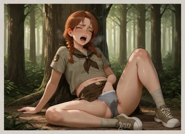 high quality, woman, (brown braids), freckles, flat chest, (plump:1.1), dirty, (scout uniform, skirt, socks, sneakers), (grey sports underwear), (hand in panties), (in forest), masturbating, screaming, orgasm, legs spread wide, (trembling:1)