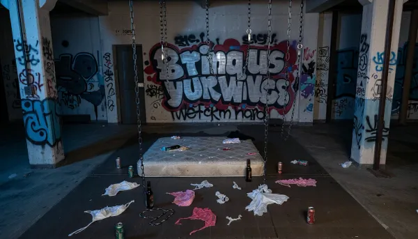 Elevated view, Abandoned warehouse interior at midnight with graffiti-covered concrete walls, a worn mattress, scattered beer cans and whiskey bottles. Hanging from the ceiling are various lengths of chain and cuff restraints. large bold graffiti that says "Bring us yur wives", "We fckm hard". Torn and ripped pieces of women's bras and panties, party dresses scattered across the floor., (((Old worn out well used mattress lays in the middle of the floor))), ., [Gritty photorealistic style with noir cinematic tone], [high-angle shot emphasizing scale and decay], [Dim ambient moonlight from off-frame casting long shadows], [Decaying industrial space with peeling paint, exposed rebar, and spray-painted vulgar graffiti], [Photography style]