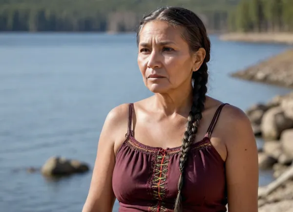 RAW photo, shot on NIKON'S D850, F/1.8, shallow depth of field, sharp focus on the subject, ultra-detailed micro features, highly detailed textures, realistic skin tones, vibrant colors, cinematic composition, maximum detail, hyper-realistic rendering, professional photo quality, A 54-year-old beautiful Native American woman, (side view:1.1), from the Kickapoo tribe, (beautiful elderly native Comanche American woman with folds of fat and cellulite:1.2), with small, flat, sagging breasts, a small, saggy belly, (fat folds on thighs), (((flatchested:1.2))), ((localized abdominal fat:1.2), and cellulite-covered buttocks stands on the shore of a lake., (elements of national dress:1.4), ., (dark hair braided)), vntg, line-art, <lora:vntg-line-art-v2:.8>