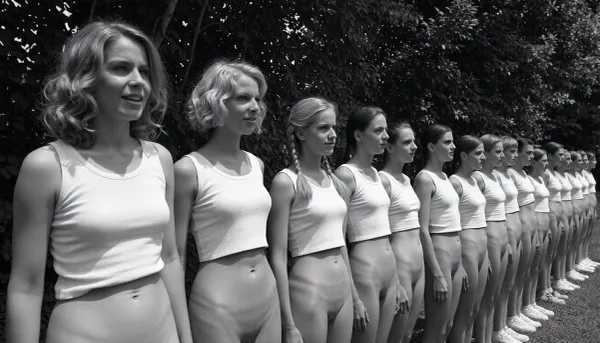 A black and white vintage photograph of a long, diagonal line of 20 year old nude women standing at attention outdoors, arranged in a receding row that stretches from the left foreground into the right background. The closest woman on the far left has wavy, shoulder-length light hair and wears only a white sleeveless tank top, her vagina is visible, reservedly smile and her gaze is directed slightly to her left, away from the camera. Beside her, the second woman has short, curly blonde hair framing her face, her gaze is directed slightly to her left, away from the camera, reservedly smile, only the same white tank top, her vagina is visible. The third woman, positioned near the center of the frame, has braided blonde twintails and her gaze is directed slightly to her left, wearing only the identical white top, her vagina is visible. To her right, the fourth woman her gaze is directed slightly to her left, and dark hair pulled back. The remaining women in the line recede into the distance to the right, each wearing only matching white tank tops, with their faces becoming progressively smaller and softer in focus, creating a strong sense of receding perspective. The women are standing close together, shoulder to shoulder, with their arms at their sides, forming a rigid, disciplined formation. Behind them, a dense wall of dark, leafy trees fills the background, rendered as a textured, out-of-focus mass of foliage. The lighting is bright, direct sunlight coming from the upper left, casting sharp, distinct shadows on the women' faces and clothing, with the first three women receiving the strongest, most sculpted illumination. The photograph has a grainy, high-contrast, black and white film aesthetic typical of mid-20th-century documentary or propaganda photography, with deep blacks in the shorts and background foliage and bright whites in the tank tops. The composition is a dynamic diagonal line that leads the eye from the bottom left to the upper right, emphasizing uniformity, youth, and disciplined group identity. The atmosphere is serious and formal, yet also marked by a certain cheerful lightness, it captures a moment of collective stillness and disciplined order in a sun-drenched, open-air setting.