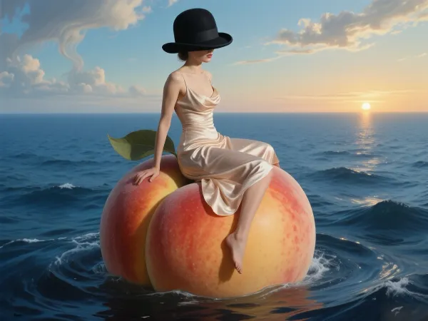 A surrealist image featuring a woman elegantly perched atop a gargantuan, velvet-skinned peach bobbing rhythmically across a vast, tranquil indigo ocean. The woman wears a oversized black hat that descends low, obscuring most of her face, and a vintage silk gown that ripples in the sea breeze. The peach and woman are the central focal points against a horizon where a soft, golden-hour sun sits low in the sky. The atmosphere is dreamlike and serene, with wispy, painterly clouds overhead.