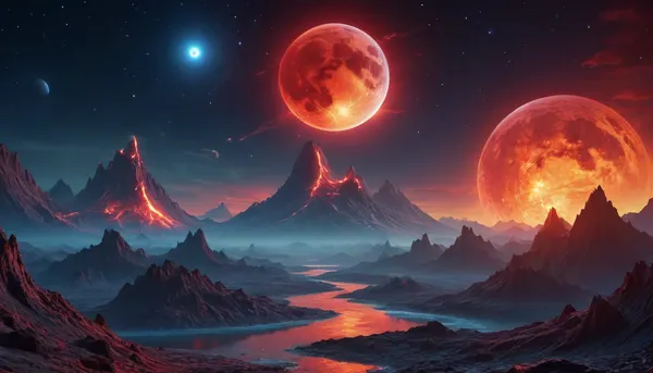 fullcolor image, 8K quality, blue sparkling gas giant satellite planet, red moon, yellow alien strange landscape, firey volcanoes, small blue moon, electric blue rivers, neon red moon