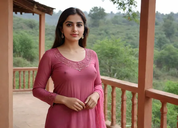 beautiful pakistani wife, sensual lustful eyes, perfect curvy figure, wearing a thin clothes, semi-transparent, nude body silhouette, light smile, standing at the porch of a village house, realistic scenery, braless, candid moment, Wearing, clothes, that, make, sense, with, Braless>, Eileen Agar style, <lora:bralessSDXL_v1_00022:.1>