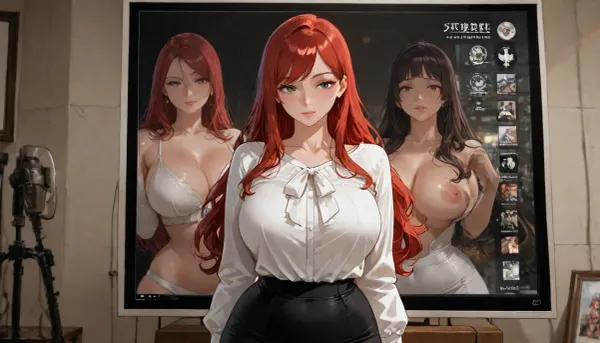 (masterpiece, best quality, ultra-detailed, realistic clear photography, professional photo shoot quality, high resolution), chubby redhead girl, long wavy red hair, freckles, short bangs, fair skin, 37 years old, University lecture hall, low contrast, BREAK, large natural breasts, a white formal blouse, a black tight pencil skirt, standing at the lectern in the lecture hall, She is standing at the lectern and giving a lecture, there is a large screen behind the place where she is standing, (A photo of boobs is displayed on the screen:1.3), (She is explaining the photo of the boobs displayed on the screen, She is explaining while looking at the screen), futuristic-fantasy-anime, <lora:futureistic_fantasy_anime_sdxl_v1:1.2>, <lora:attractive_notrigger:.8>, <lora:EnvyBeautyXL01:1.2>