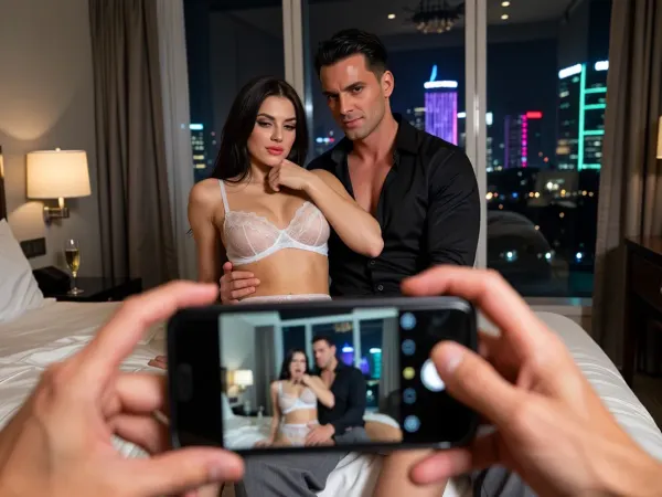 (photorealistic:1.3), (intricate details:1.2), a beautiful young woman with long dark hair, wearing a sheer white lace lingerie set, sitting on the lap of a tall, muscular man with a chiseled jaw and short black hair, his arm wrapped possessively around her waist, his other hand gripping her chin, forcing her to look at the camera. She has a lustful, teasing smile, her eyes half-lidded with pleasure, her cheeks flushed. He is wearing an open black dress shirt and grey slacks, looking directly at the camera with a smug, arrogant smirk, as if claiming his territory. In the foreground, at the bottom of the frame, the viewer's perspective is represented, a pair of hands holding a smartphone, clearly recording the scene, slightly blurred and out of focus, with a faint reflection of a man's face in the phone screen, looking shocked and humiliated, with wide eyes and a downturned mouth. The couple in the background is ignoring him completely. Setting, a luxurious, dimly lit hotel bedroom with floor-to-ceiling windows overlooking a neon-lit city skyline at night. The bed is unmade with silk sheets, champagne glasses on the nightstand, and a mirror on the ceiling reflecting the couple. The atmosphere is charged with tension and dominance., (voyeuristic perspective:1.2), (cuckold humiliation:1.3), (dominant male:1.2), (submissive female:1.1), (teasing expression:1.2), (smug expression:1.3), (shocked expression:1.2), (blurred foreground:1.1), (depth of field:1.2), (contrast between sharp background and soft foreground:1.3)