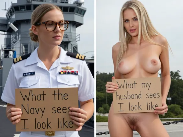side-by-side two pictures of one sexy 32-year-old woman US Navy officer, blond hair, on a modern warship. On the first picture on the left she has her hair in a low bun, wears tortoise reader glasses, wears an authentic, realistic US Navy officer's white uniform and holds a handmade sign with text "What the Navy sees I look like". Her name plate has PRETTY as her name. On the second picture on the right, the same woman is naked, nude, her hair is loose, visible nipples and hairy pube, standing and holding a handmade sign with text "What my husband sees I look like".