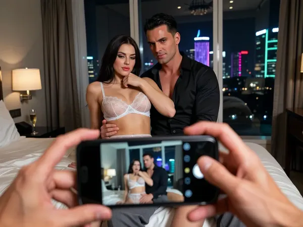 (photorealistic:1.3), (intricate details:1.2), a beautiful young woman with long dark hair, wearing a sheer white lace lingerie set, sitting on the lap of a tall, muscular man with a chiseled jaw and short black hair, his arm wrapped possessively around her waist, his other hand gripping her chin, forcing her to look at the camera. She has a lustful, teasing smile, her eyes half-lidded with pleasure, her cheeks flushed. He is wearing an open black dress shirt and grey slacks, looking directly at the camera with a smug, arrogant smirk, as if claiming his territory. In the foreground, at the bottom of the frame, the viewer's perspective is represented, a pair of hands holding a smartphone, clearly recording the scene, slightly blurred and out of focus, with a faint reflection of a man's face in the phone screen, looking shocked and humiliated, with wide eyes and a downturned mouth. The couple in the background is ignoring him completely. Setting, a luxurious, dimly lit hotel bedroom with floor-to-ceiling windows overlooking a neon-lit city skyline at night. The bed is unmade with silk sheets, champagne glasses on the nightstand, and a mirror on the ceiling reflecting the couple. The atmosphere is charged with tension and dominance., (voyeuristic perspective:1.2), (cuckold humiliation:1.3), (dominant male:1.2), (submissive female:1.1), (teasing expression:1.2), (smug expression:1.3), (shocked expression:1.2), (blurred foreground:1.1), (depth of field:1.2), (contrast between sharp background and soft foreground:1.3)