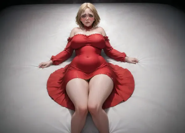 1girl, solo, (after_sex), 35 years-old curvy ripe busty woman, blonde short haircut, round face, high cheekbones, sad face, natural teardrop-shaped heavy breasts, short stature, short plump legs, curvy calves, wide hips, (dressed in a torn red dress, sheer stockings with wide garters, black 1960s-style high-heeled pumps), (the woman lies flat on her back on a nighclub stage used exhausted and unconscious after rough sex:2), ((fainting)), semen is dripping from her vagina, 4k resolution photorealism, dynamic colorful lighting, (whole full-body in the frame photoshot), high angle photoshot