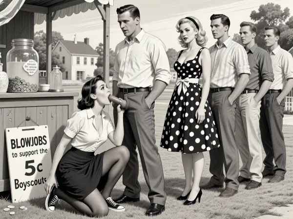 This is a detailed monochromatic pencil drawing in a classical illustrative style depicts a scene set at a 4th of July celebration in a rural town's park in the 1950s.1woman is squatting in front of 1man strokes cock and gives him blowjob. woman1 wears 1950s dark skirt and white blouse, unbuttoned blouse exposing her large breast, dark stockings, canvas shoes. Pose squatting, leaning forward, legs spread apart, cock in her mouth, cum dripping off her chin. 1man wears slacks and a shirt, pants unbuttoned unzipped, showing erect dick. Pose standing. Facial expression surprised. a woman and 4 other men stand in line in a queue, awaiting their turn. Woman is second in line. Pose relaxed, facial expression devious smile. woman in line is 35yo voluptuous blonde wavy hair, headband, make-up, wears a black and white Polka Dot A-Line Dress with Back Tie and Waist Bow, heels. men wear casual slacks and shirts, with brown hair. There is a booth behind the woman, like a lemonade stand. There is a large jar with coins and a sign "5c BLOWJOBS to support the Boyscouts". The overall style is a black and white pencil drawing, capturing a candid moment. The scene has a formal, organized atmosphere. The overall mood is intense, rendered in fine, expressive line work and subtle shading, evoking the style of 1950s satirical or moralistic illustrations.