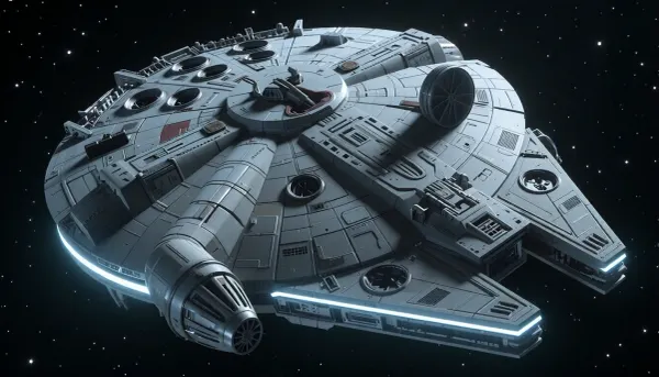 An extremely detailed, photorealistic view of the Millennium Falcon from Star Wars flying through deep space, captured from the outside, showcasing its iconic round hull, the distinctive side-mounted cockpit, and the two forward mandibles protruding from the front, every panel and surface meticulously rendered, intricate panel lines, mechanical details, visible weld seams, hatches, and compartments clearly visible, all edges of the Millennium Falcon enhanced with a white glow, creating a neon-like, fluorescent effect, giving the ship a luminous outline, the focus on realism, highlighting every detail, from the sensor dishes and antennae to the complex hull plating, the entire ship bathed in subtle illumination, capturing the essence of this legendary starship, every angle and detail meticulously crafted, stars in backdrop