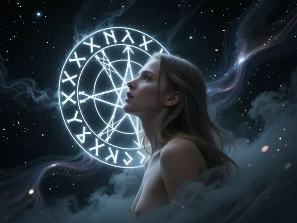 (Dark Fantasy Artwork), artistic, low angle, side view, 40 yo, belle caucasian female, ancient circular runic emblem, glowing white runes, inscribed on a mystical dark celestial background, floating in a cosmic void, surrounded by swirling ethereal nebula clouds and light dust particles, soft volumetric lighting, mysterious atmosphere, germanic mythology aesthetic, intricate runic carvings, glowing white light, dark mood, deep shadows, high contrast, ethereal, mystery, mystical fog, natural beauty