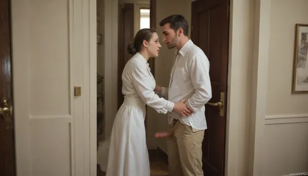 Priest standing in doorway, playing with penis, watching couple fucking