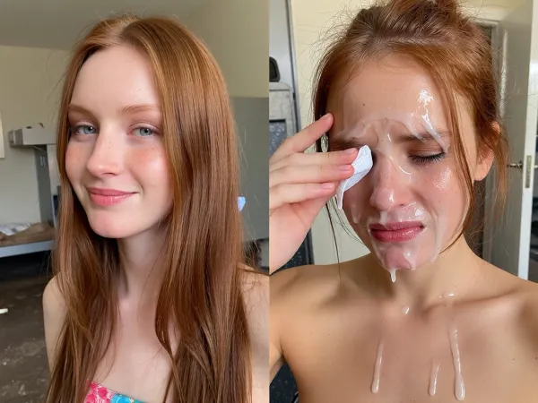 side-by-side two pictures of the same 1m82 tall and extreme skinny Dutch 30yo beautiful shy woman, with long straight ginger hair and dimples and tall narrow nose and narrow long face, one picture before the bukkake party and second picture after the bukkake Party. before the party she looks shy and happy with a beautiful summer dress and natural pretty face, after the bukkake party on the second picture her face is completely covered in realistic semi-transparant cum, an excessive amount of cum is on her face and in her mouth, cum is dripping down on her chest, she is cleaning her eyes with a small tissue, her hair is messy, she is looking disgusted and sad, she is crying, her face is completely destroyed. Please make an extreme contrast from first picture to second picture. the woman has to be the same pretty woman on both pictures. Background for both pictures, a dirt dorm room