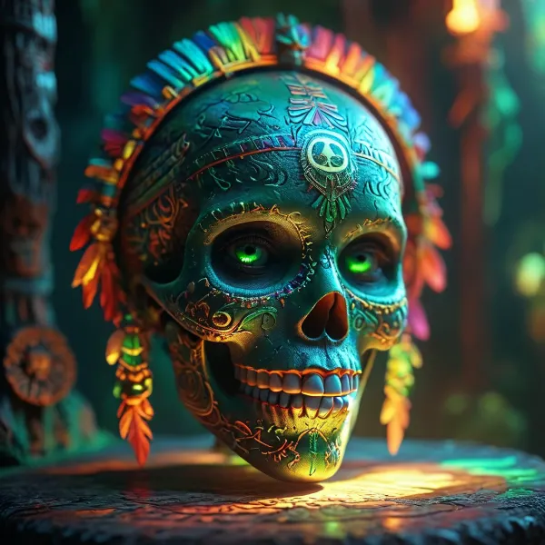 [KTA], (Dark Fantasy Artwork), luminous shadow, a circular glowing rainbow featuring the image of a belle elaborate green aztec skull, /KlTTY-ART/, <lora:COMFYUI_mimic_landscape_-_XL_SDXL v2.0:.5>, <lora:MJ52:.5>
