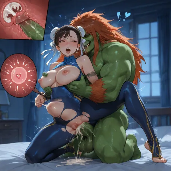 (Blue hour:1.8), moonlight shining through window, (Street Fighter), (Chun-li:1.5), (Blanka:1.5), ((bodies fully in frame, full bodies in picture)), highly detailed, fucked by massive cock, doggy style position, glowing cum, extreme orgasm, vaginal penetration, cervix penetration, massive cock, legs spread, erect nipples, side view, angled view, saliva leaking, nipples visible, impregnation, excessive cum, extreme creampie, view of internal cumshot and her face, cross section, cum in pussy, belly bulge from penetration, cervix internal penetration and creampie view, heart, spoken heart, vagina visible, ripped princess costume, petite round breasts visible, stomach visible, ripped clothes at breasts, ripped clothes at vagina, teeth clenched, mouth open, reach-around, grabbing another's breast