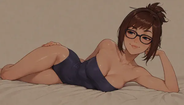 melkor_mancin style, bold black outlines, vibrant flat colors, without shading, clean lines, mature Mei from Overwatch, brunette, adult bangs, blue eyes, glasses, petite body, skinny, medium breasts, intimate pose, laying on her side, (breast falling out), seductive smirk, orange, modern fashion, one-piece tube top, maximum simplicity, clean flat coloring, no complex details, no gradients, no shine, ((white background))