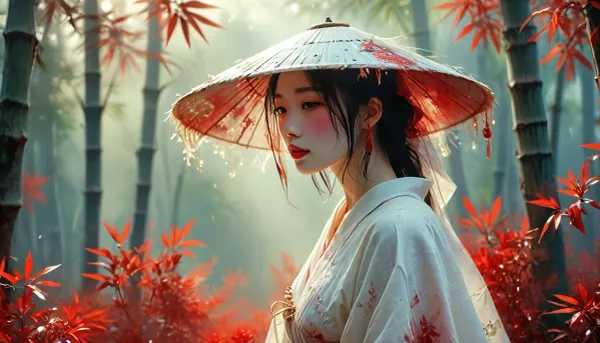 [KTA], painterly digital painting, artistic, geometric, fantasy art, luminous shadow landscape, Bamboo grove, high female figure, white skin, white clothing, traditional Japanes wide flat brim hat, broad circular rigid brim, woven bamboo hat, short sheer veil attached around the entire brim, veil covering her face, gleaming ghostly Ruby red, epically atmospheric fog, on old paper, paper background, natural beauty, /KlTTY-ART/, <lora:COMFYUI_mimic_landscape_-_XL_SDXL v2.0:.1>, <lora:MJ52:.1>