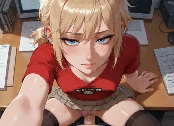 25 yo woman, blonde hair, short hair, very messy hair, low ponytail, symmetrical eyes, snub nose, detailed blue eyes, aroused, orgasm, (looking into my eyes:1.3), love, black eyeliner, pierced ears, small chest, erect nipples, holding moan, solo, freckles everywhere, realistic, (red t-shirt tucked in), (light brown pleated skirt), (black thighhighs), (pink panties pulled to side:1.3), (pov:1.3), (sitting on table:1.3), sex on table, sitting computer desk, in office, (blonde pubic hair), in front of me, (vaginal penetration), penis in vagina, skin texture, table sitting sex, one hand on table, one arm reaching my face, legs apart, panties, pulled, to, side, <lora:Pussy_pants_nohands_D03_realvizXL2_bucket_01-000010:.8>, thin legs, <lora:NEOTOKIOXL_0.2_RC:.4>, view from above, upclose