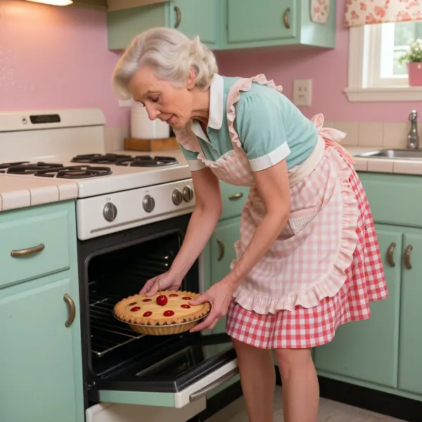 70 yo wrinkled grannay, An image of a vibrant 1950s kitchen, featuring a beautiful American housewife in a frilled apron. She is standing with straight legs and bending over to place a cherry pie inside an open vintage oven, positioned in the centre of the image. The scene is richly coloured, with pastel hues of mint green and soft pink dominating the kitchen decor.Use warm, diffuse lighting to create an inviting atmosphere, accentuating the textures of the gingham fabric of her apron and the glossy finish of the pie. The composition should place the camera behind her. Emphasize a nostalgic, wholesome mood with a realistic, detailed style that captures the warmth and charm of the 1950s.