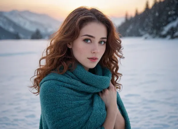 a naked professional supermodel hugging herself under the sparkling snow with, covered by snow, foggy cinematic style, medium shot, professional photo by Pascal Blanche, symmetric beauty, teal iris, long curly hair, sharp shaped lips, freckles, voluptuous natural mushy breasts, long knitted scarf dangling towards the back, rendered in lumion pro, off-center composition, documentary quality, rule of thirds, high softness portrait photo, anime manga style, gloomy snow mountain background, grayish atmosphere, scarlet twilight, side profile, Tyndall effect sunbeam, cinematic shadow, in the style of Craigie Aitchison