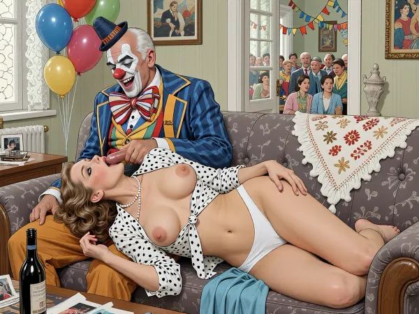 This is a detailed a classical illustrative style depicts a scene set in USSR in 1950s, Anna- very beautiful Russian married woman 40 years old noble light-brown elegant hairstyle, slender, wide hips, elicate noble facial features, expressive eyes, Anna is dressed in white panties, a unbuttoned and open polka dot blouse showing her large saggy with tanned line breasts with large tight nipples, beads around the neck, Her blue skirt is lying next to it. she is on an ordinary sofa in the living room of a Soviet apartment with her back to an old man sitting on this sofa. is a detailed male clown—50 years old With a mocking laugh —wearing a full clown costume, complete with trousers, a jacket, suspenders, a colorful shirt, an exaggeratedly large bow tie, a red nose, and a tiny hat. woman is lying facedown on sofa, Anna is taking dildo nude color deep into her mouth, head in his lap, sucking his dildo nude color cock, deepthroat, pleasure on a woman's face. a bottle of wine and her family photos are on the bedside table next to her.A private party decorated with balloons, streamers, with many neighbors can be seen in the background through the open door.retro, full body view. The overall mood is intense, rendered in fine, expressive line work and subtle shading, evoking the style of 1950s satirical or moralistic illustrations.