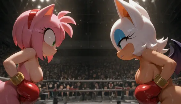Amy Rose And Rouge the bat from the Sonic the hedgehog, 2 anthro, (Amy Rose and Rouge the bat very accurate faces), (Rouge the bat have her wings), Amy Rose beatiful small body, Rouge the bat beatiful body, They both are completely nude, in a empty boxing ring, Amy Rose and Rouge the bat are wearing red boxing gloves, Amy Rose and Rouge the bat are fighting against eachother, serious faces, side view, (view from down to up), masterpiece, very detailed image, 4k image