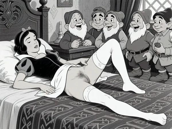 This is a detailed a classical illustrative style depicts a scene set in Disney cartoon style, 18yo Snow White from a Disney cartoon lying on her back on the bed with her dress lift, white stockings, sleeping, exposed pussy, hairy pussy view, (hairy pussy:1.1), (detailed vagina), perfect body, cute tall girl, medieval dwarf bedroom setup, seven dwarfs are standing at Snow White's feet and happily looking at her, Snow, White. The overall style is a black and white pencil drawing, capturing a candid moment. The scene has a formal, organized atmosphere. The overall mood is intense, rendered in fine, expressive line work and subtle shading, evoking the style of 1950s satirical or moralistic illustrations.