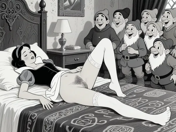 This is a detailed a classical illustrative style depicts a scene set in Disney cartoon style, 18yo Snow White from a Disney cartoon lying on her back on the bed with her dress lift, white stockings, sleeping, exposed pussy, hairy pussy view, (hairy pussy:1.1), (detailed vagina), perfect body, cute tall girl, medieval dwarf bedroom setup, seven dwarfs are standing at Snow White's feet and happily looking at her, Snow, White. The overall style is a black and white pencil drawing, capturing a candid moment. The scene has a formal, organized atmosphere. The overall mood is intense, rendered in fine, expressive line work and subtle shading, evoking the style of 1950s satirical or moralistic illustrations.