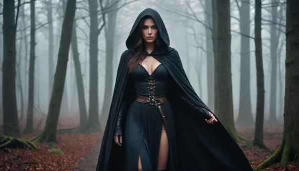 Dark cinematic fantasy forest, mysterious atmosphere, full body photo, sword at the hand, sexy tight elegant layered mediaeval outfit, medium breasts, front viewer, realistic 4K. A mysterious adult woman with long dark hair, wearing a dark hooded cloak, fog grows denser between the trees., hinaigirl, <lora:MaybeBetterFaceInFullBodyLora_XL_rev3:1.4>