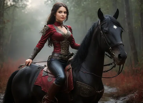 Ultimate realistic, 8k, ultra detailed, masterpiece, medieval fullmoon night background scene, ((steampunk style, beautiful medieval warrior princess, 22yo Lana Ratschuk, mounted riding on a black war horse, she is slighly armoured with small dark red leather chest-armor, midrif, she wears long tight black leatherpants, seductive, smiling, mounted riding on a powerful raven-black stallion, she is racing along a dark swamp path in a wild ride, uncovered long wavy black hair, beautiful brown eyes, beautiful small bell shaped breasts, 22 a-cup breasts, erect nipples, perky tits, tits hard firm:1.5)), beautiful cleavage, ((midriff:1.8)), (the warrior princess wears many highly detailed diamond bracelets and many glittering diamond necklaces around her neck), (three different diamond necklaces:1.2), ((22 a-cups:1.8)), small breasts, small bell shaped breasts, seductive, smiling, full legs, athletic figur, small waist, small tight ass, small tight hips, abs, (hard round ass), slender long legs, (((focus on feet:1.8))), wind are visible. dynamic composition, Expressive and majestic batalistic art, fluxenh4nce, riding, on, a, BJ_Full_Moon, <lora:MJ52:.8>, <lora:Perfect_Eyes:1.2>, <lora:FLUXEnh4nce:1>, <lora:riding_on_a:1.8>, <lora:Full_Moon(7560):1.8>